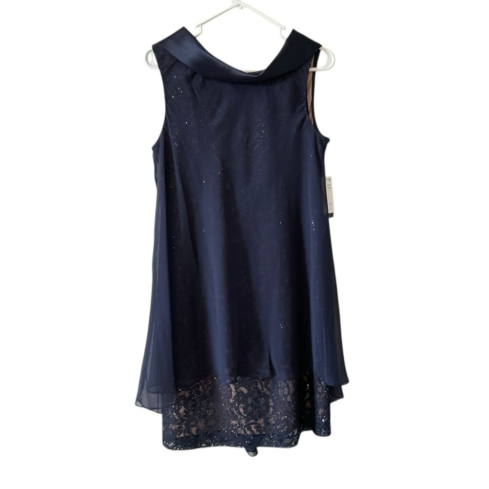 SLNY Chiffon Blue Lace Cocktail or Evening Dress.